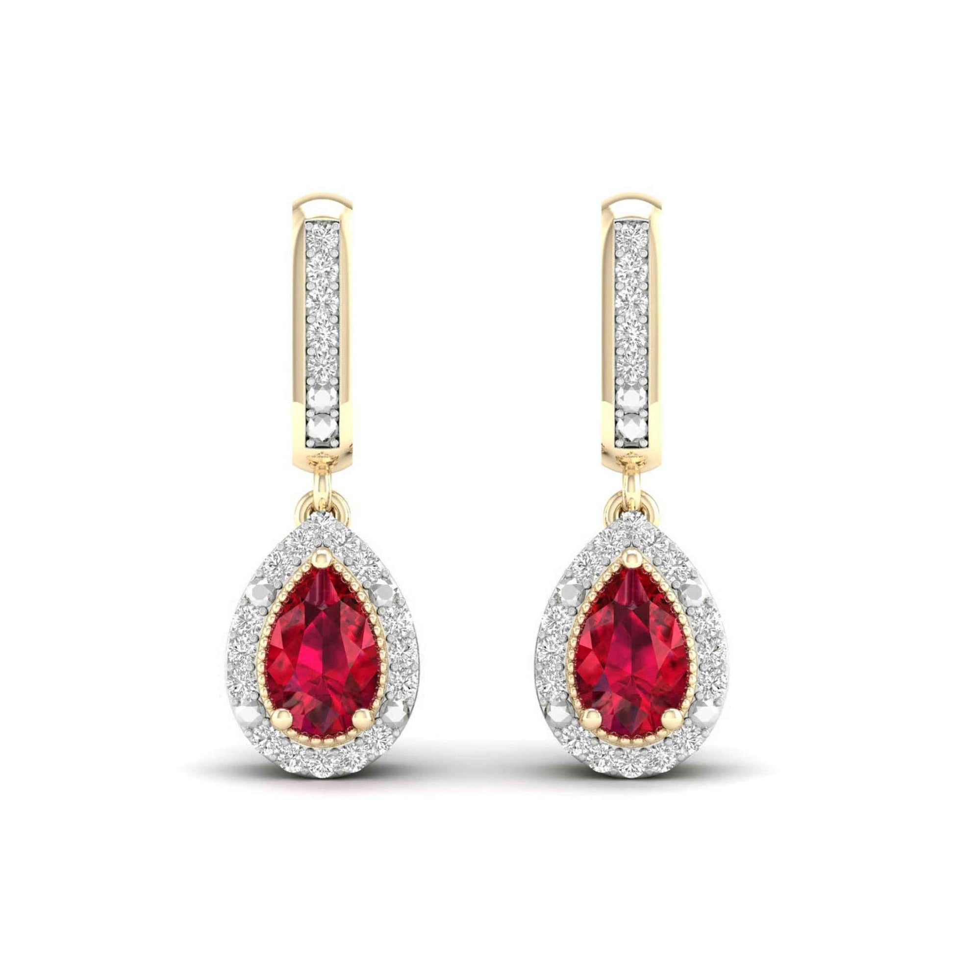 Red Pear-Shaped Ruby and 1/10 ct. tw. Diamond Halo Earrings with Milgrain and Filigree Design in 10K Yellow close-up detail