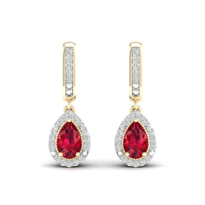 Red Pear-Shaped Ruby and 1/10 ct. tw. Diamond Halo Earrings with Milgrain and Filigree Design in 10K Yellow close-up detail