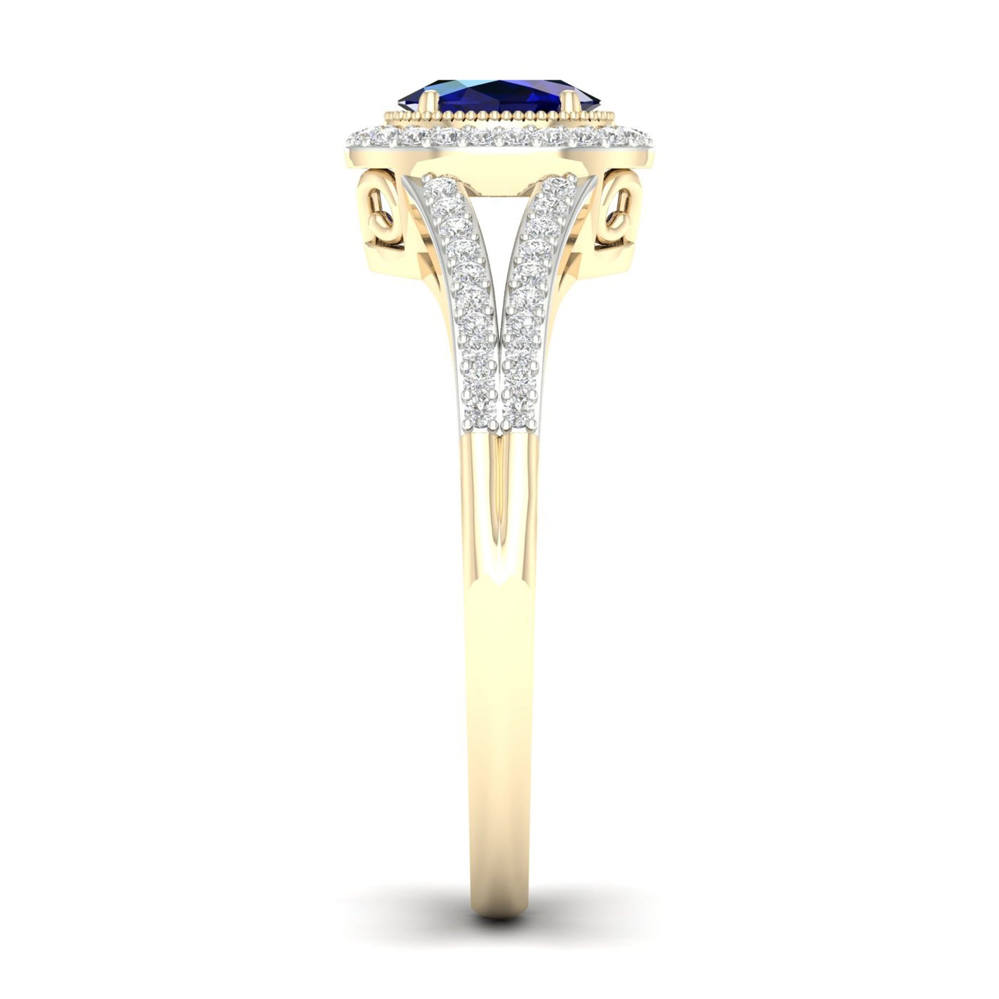Blue Oval Sapphire and 1/6 ct. tw. Diamond Ring with Milgrain and Filigree Design in 10K Yellow Gold side profile