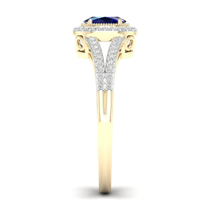 Blue Oval Sapphire and 1/6 ct. tw. Diamond Ring with Milgrain and Filigree Design in 10K Yellow Gold side profile