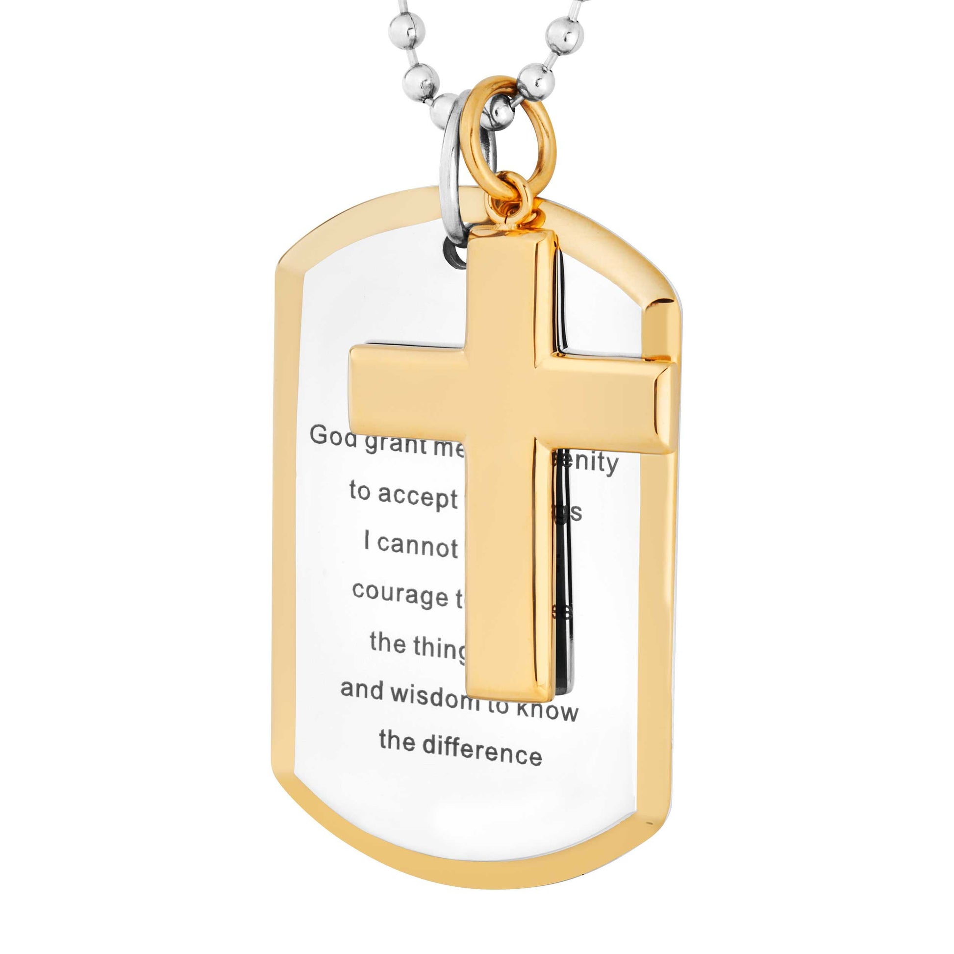Men's Dog Tag and Cross Necklace with Serenity Prayer in Stainless Steel