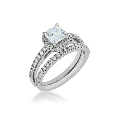 Natural 1-1/2 ct. tw. Cushion Diamond Halo Wedding Set in 14K White Gold front view