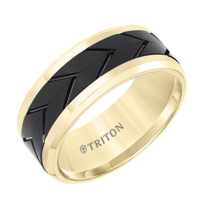 Triton Men's 8mm Yellow Tungsten Band with Black Tread Design Center front view