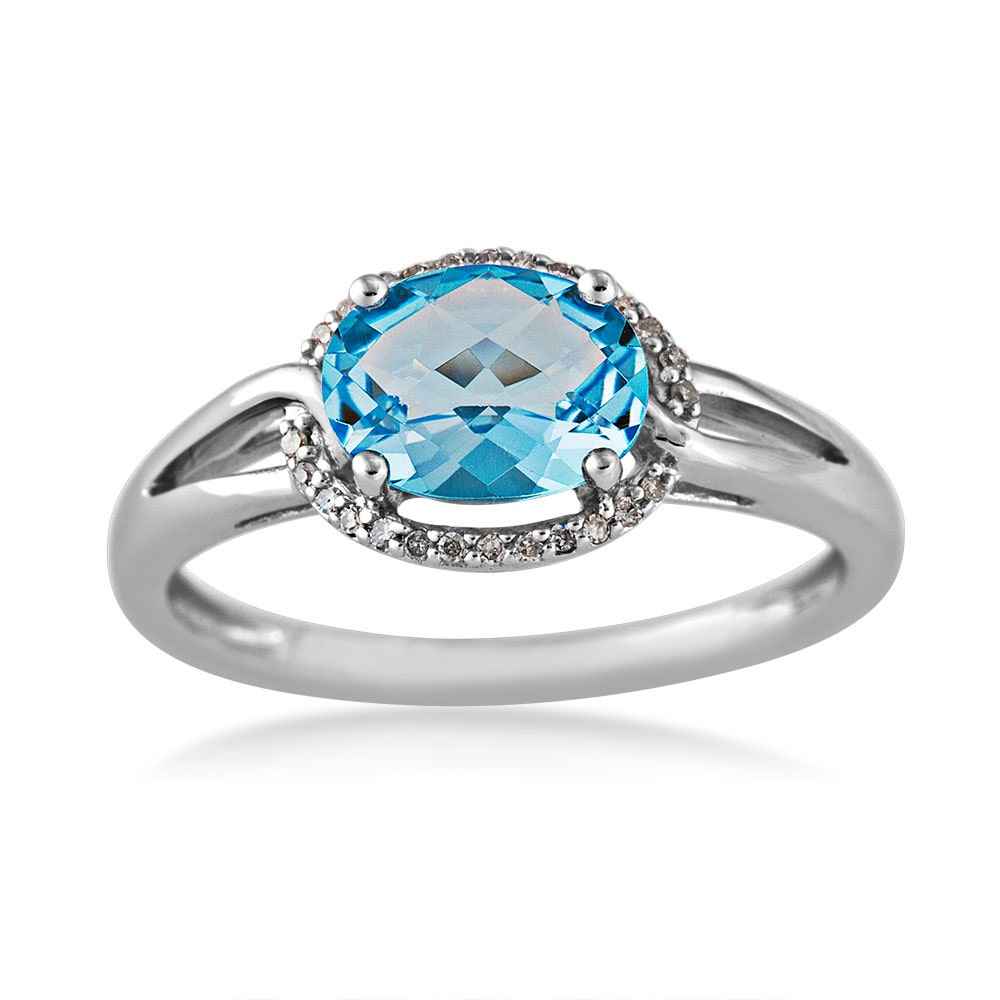 Swiss Blue Topaz and Diamond Ring in 10 Kt. White Gold front view
