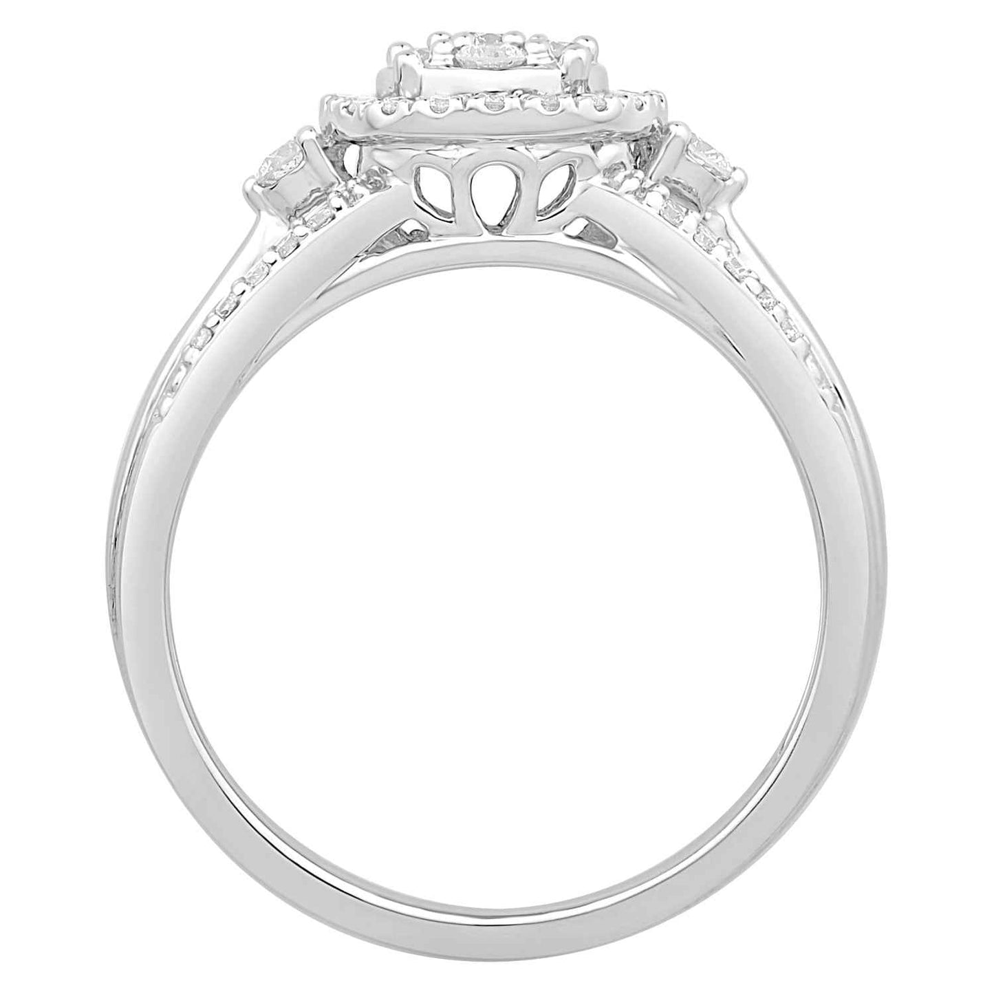 1/2 ct. tw Cluster Design Diamond Engagement Ring with Halo and Side Single Diamonds and Split Band in 10K White front view