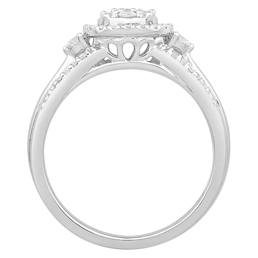 1/2 ct. tw Cluster Design Diamond Engagement Ring with Halo and Side Single Diamonds and Split Band in 10K White front view
