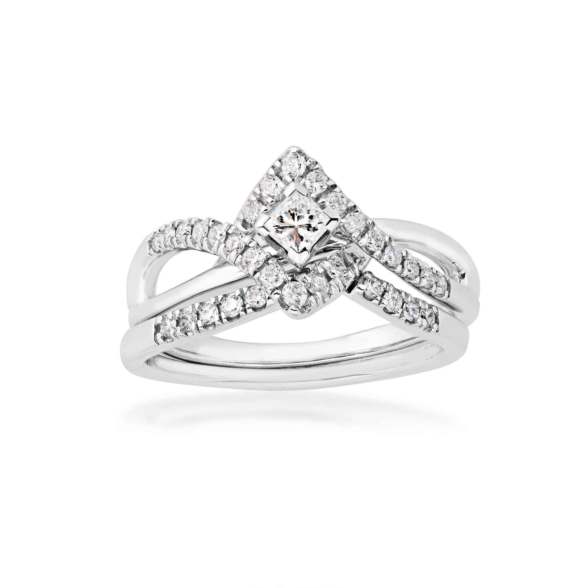 Natural 1/2 ct. tw. Princess Cut Diamond Angular Halo Wedding Set in 10K White Gold