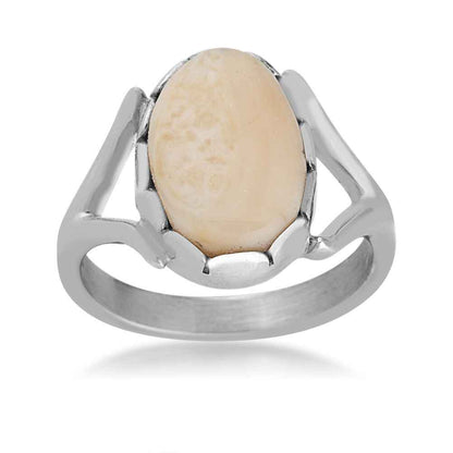 Ladies' Elk Ivory Cabochon Cut Ring with Split Shank Band in Sterling Silver