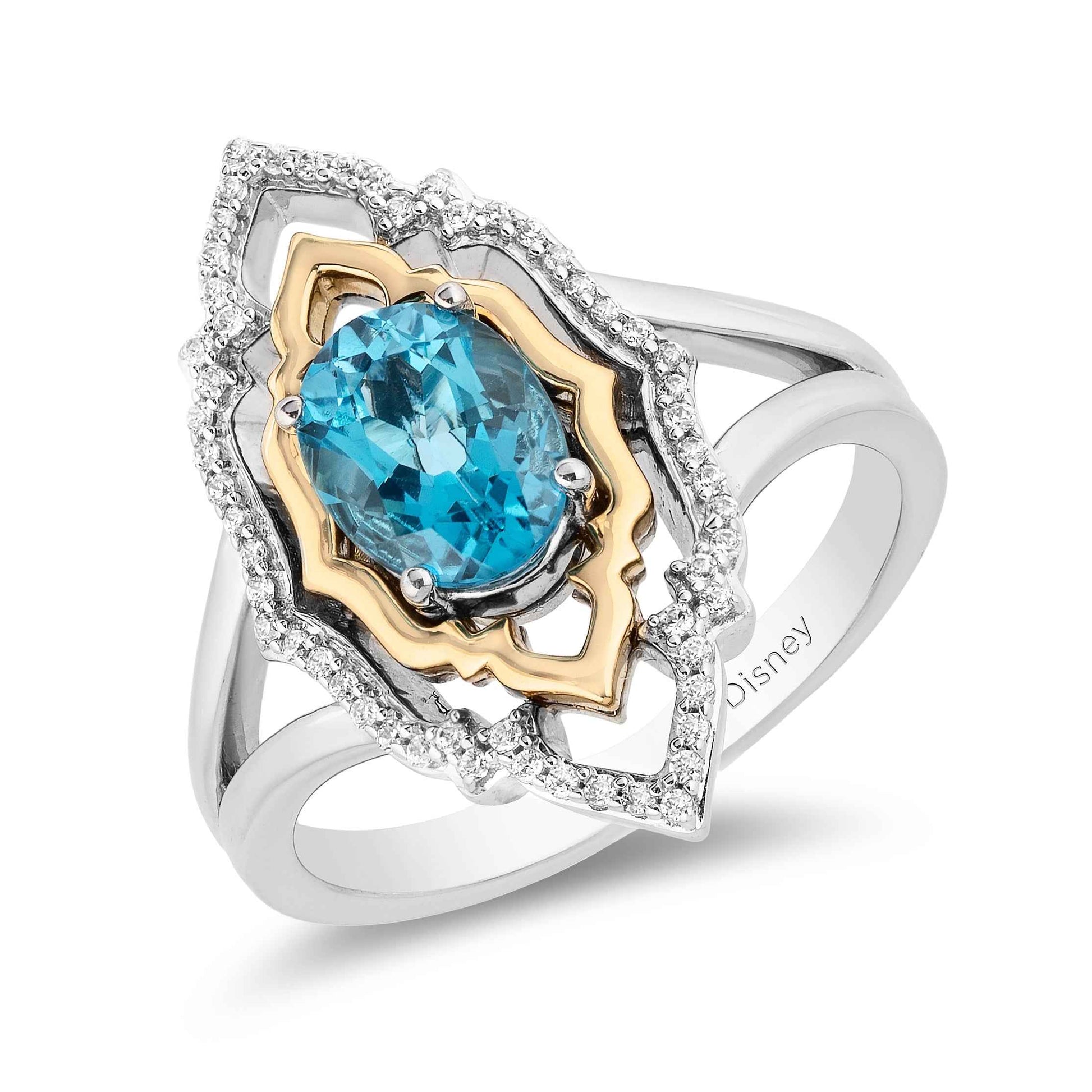 Enchanted Disney Blue Topaz and 1/7 ct. tw. Diamond Aladdin Live Action Filigree Ring in Sterling Silver and 10K front view
