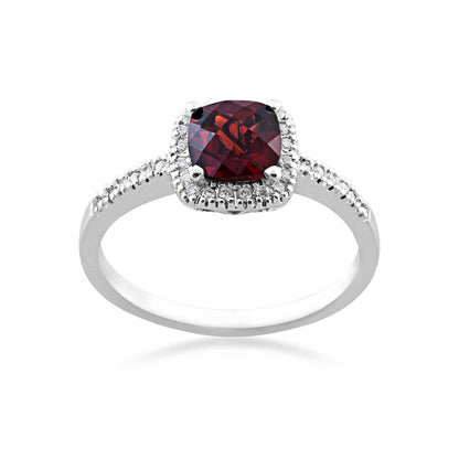 Garnet and 1/8 ct. tw. Diamond Cushion Halo Ring in 10K White Gold