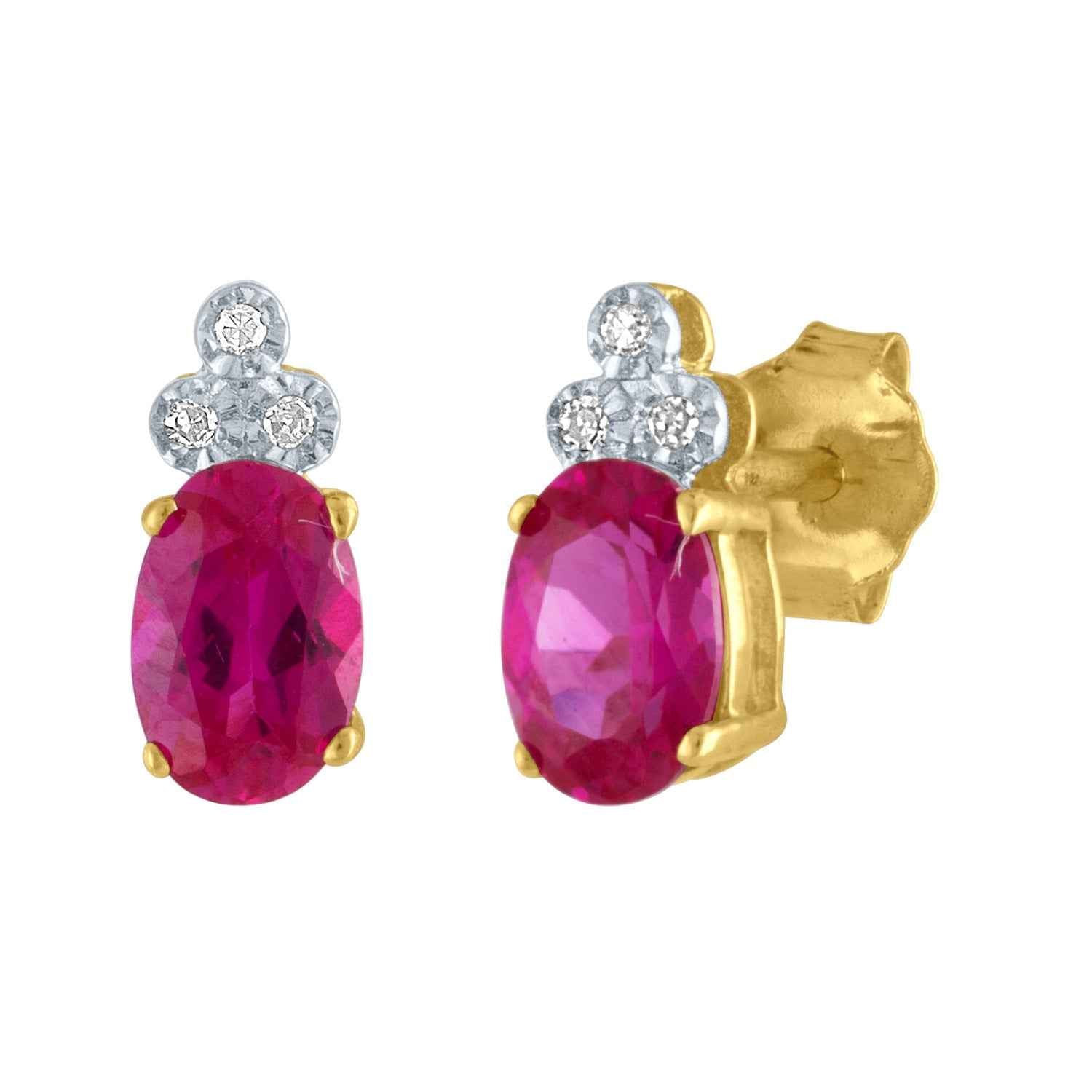 Oval Ruby and .018 Diamond Post Earrings with Miracle Plating in 10K Yellow Gold