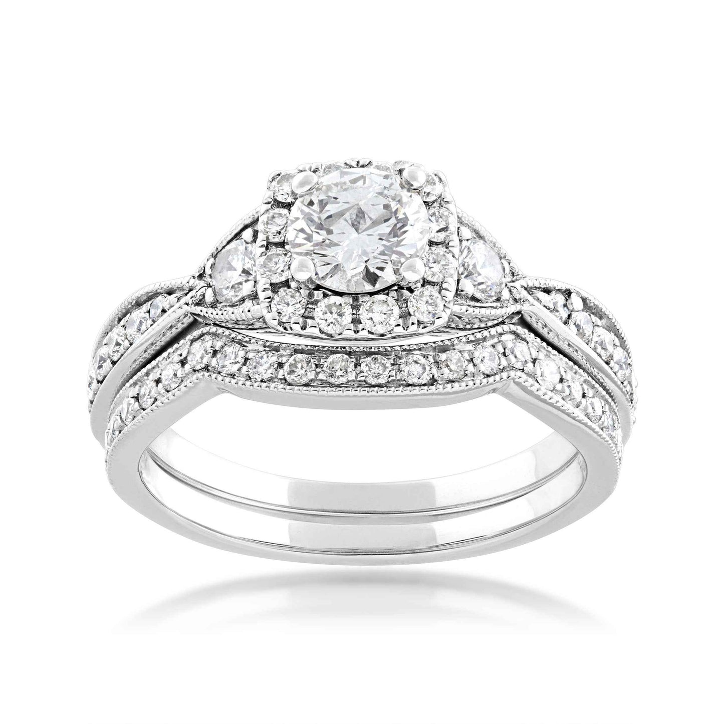 Noventa 1 ct. tw. Round Vintage-Inspired Diamond Square Halo Wedding Set with Milgrain Detailing in 14K White Gold