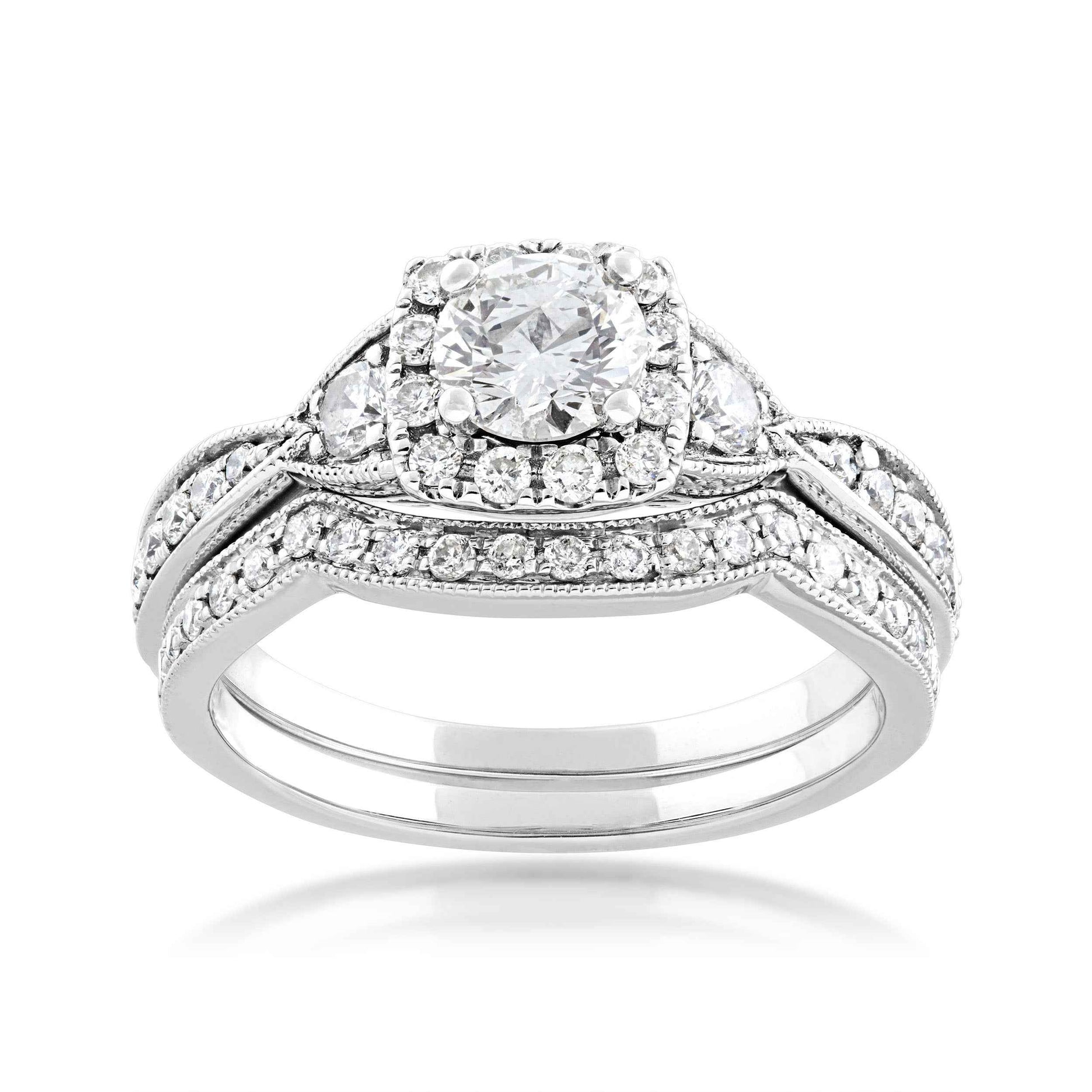 Noventa 1 ct. tw. Round Vintage-Inspired Diamond Square Halo Wedding Set with Milgrain Detailing in 14K White Gold