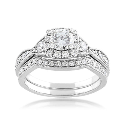Noventa 1 ct. tw. Round Vintage-Inspired Diamond Square Halo Wedding Set with Milgrain Detailing in 14K White Gold