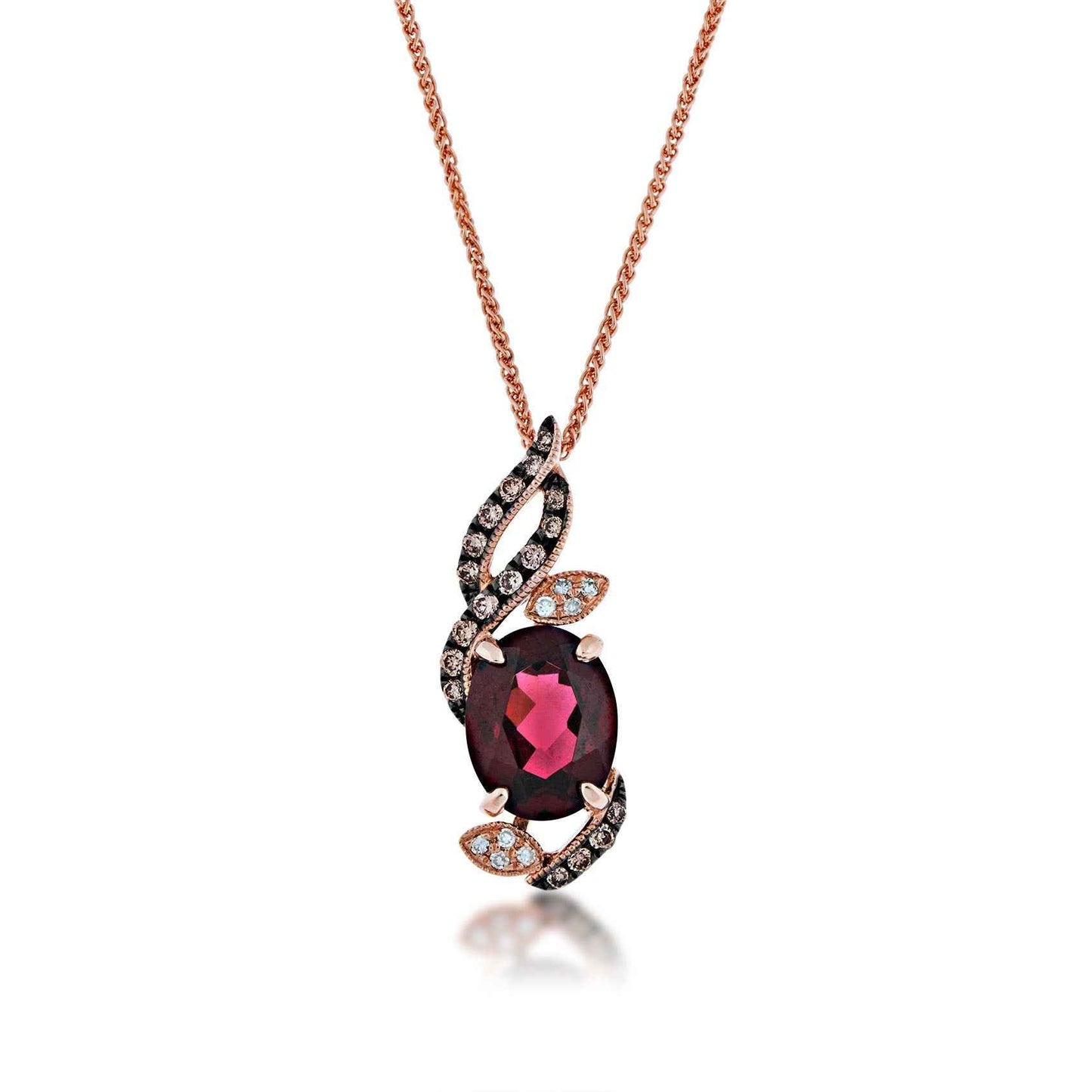 Impulse Collection Genuine Oval Rhodolite Garnet & 1/7 ct. tw. Mocha Diamond Flower Inpired Pendant in 14K Pink Gold