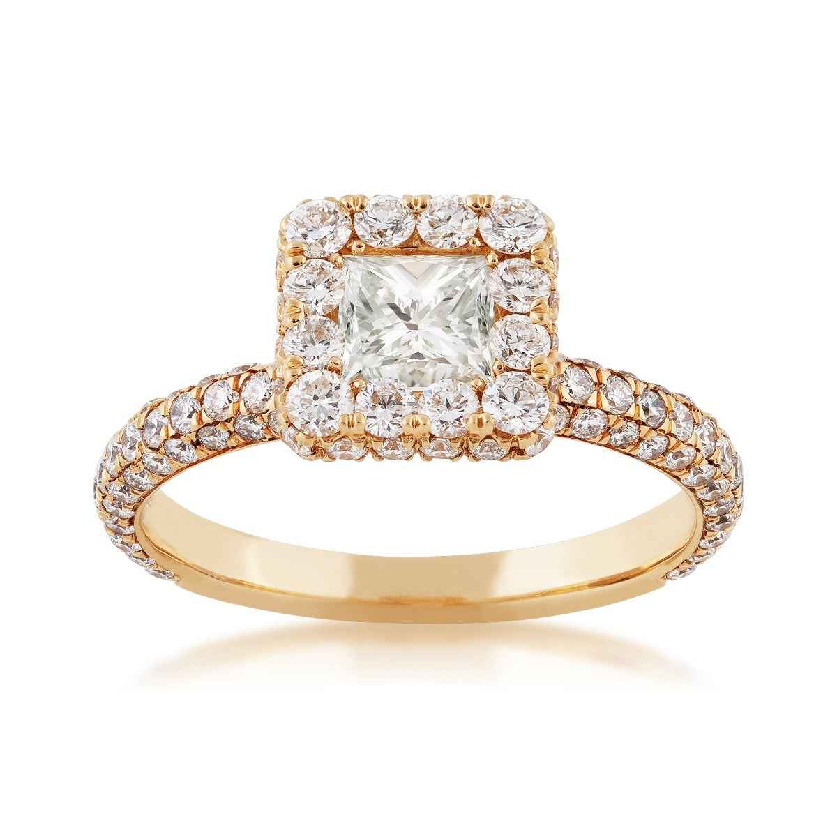 2 ct. tw. Princess Cut Diamond Halo Engagement Ring with Pave Band and Undercarriage in 14K Yellow Gold