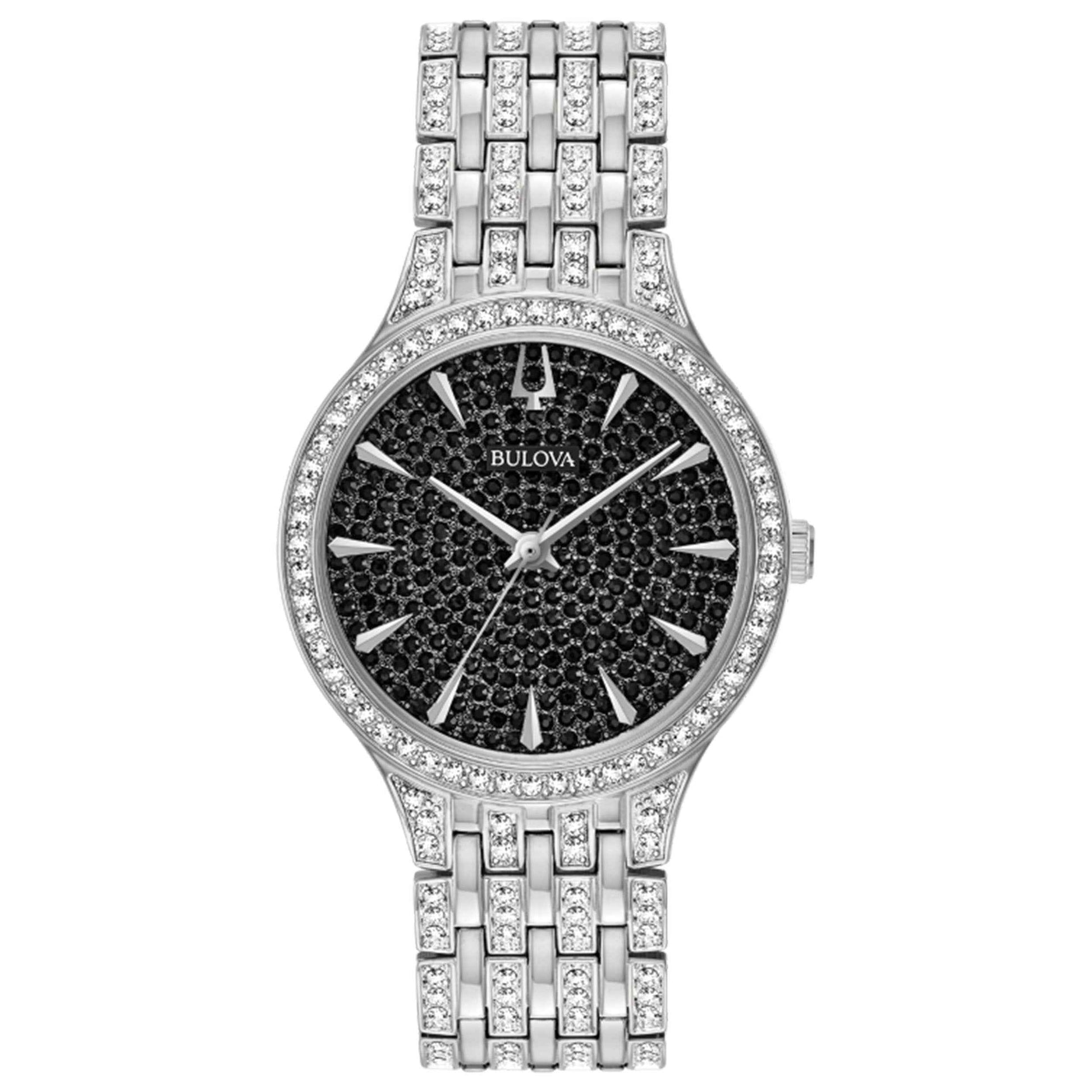 Bulova Ladies' Analog Watch with Black Dial and Silvertone Metal Band