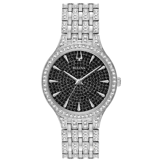 Bulova Ladies' Analog Watch with Black Dial and Silvertone Metal Band