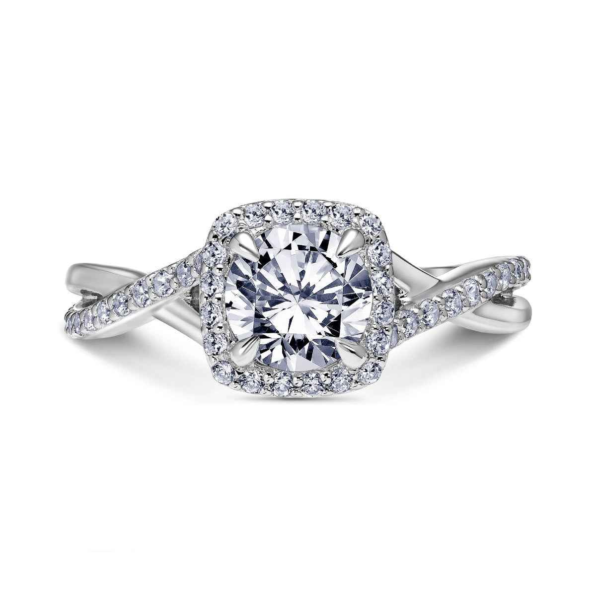 Scott Kay Namaste 1/3 ct. tw. Diamond Halo Semi-Mount Engagement Ring with Twisted Shank in 14K White & Pink close-up detail