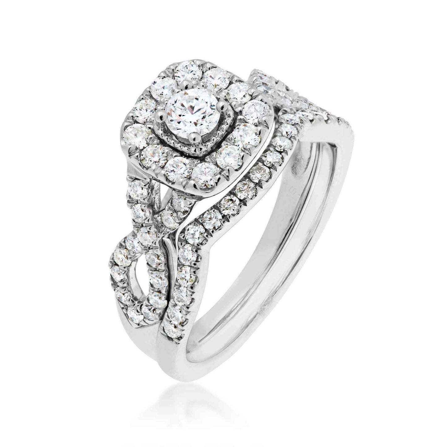 Natural 1 ct. tw. Round Brilliant Diamond Halo Twist Wedding Set in 10K White Gold front view
