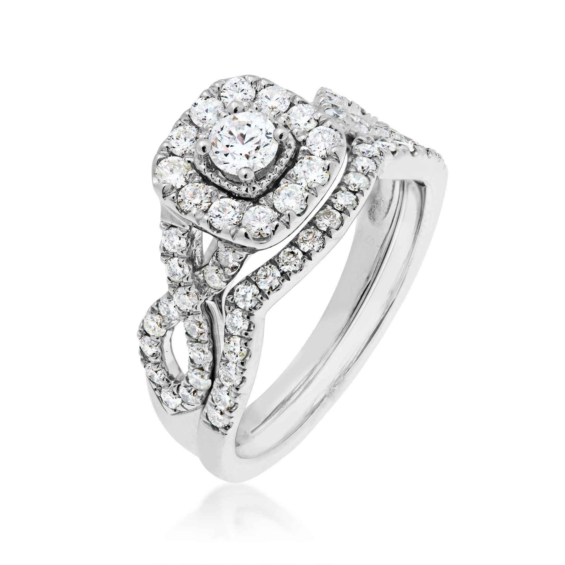 Natural 1 ct. tw. Round Brilliant Diamond Halo Twist Wedding Set in 10K White Gold front view