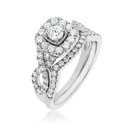 Natural 1 ct. tw. Round Brilliant Diamond Halo Twist Wedding Set in 10K White Gold front view