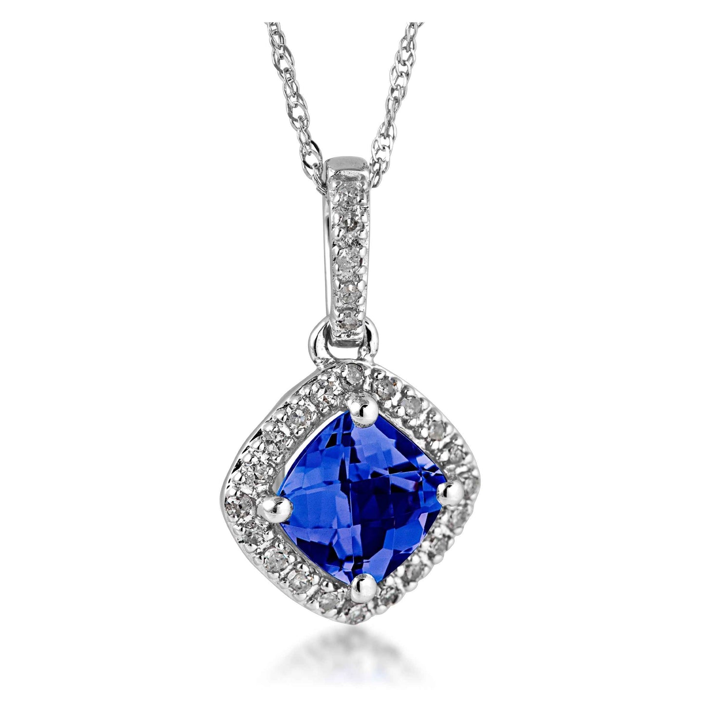 Created Cushion Cut Sapphire & 1/10 ct . tw. Diamond Halo Pendant in 10K White Gold