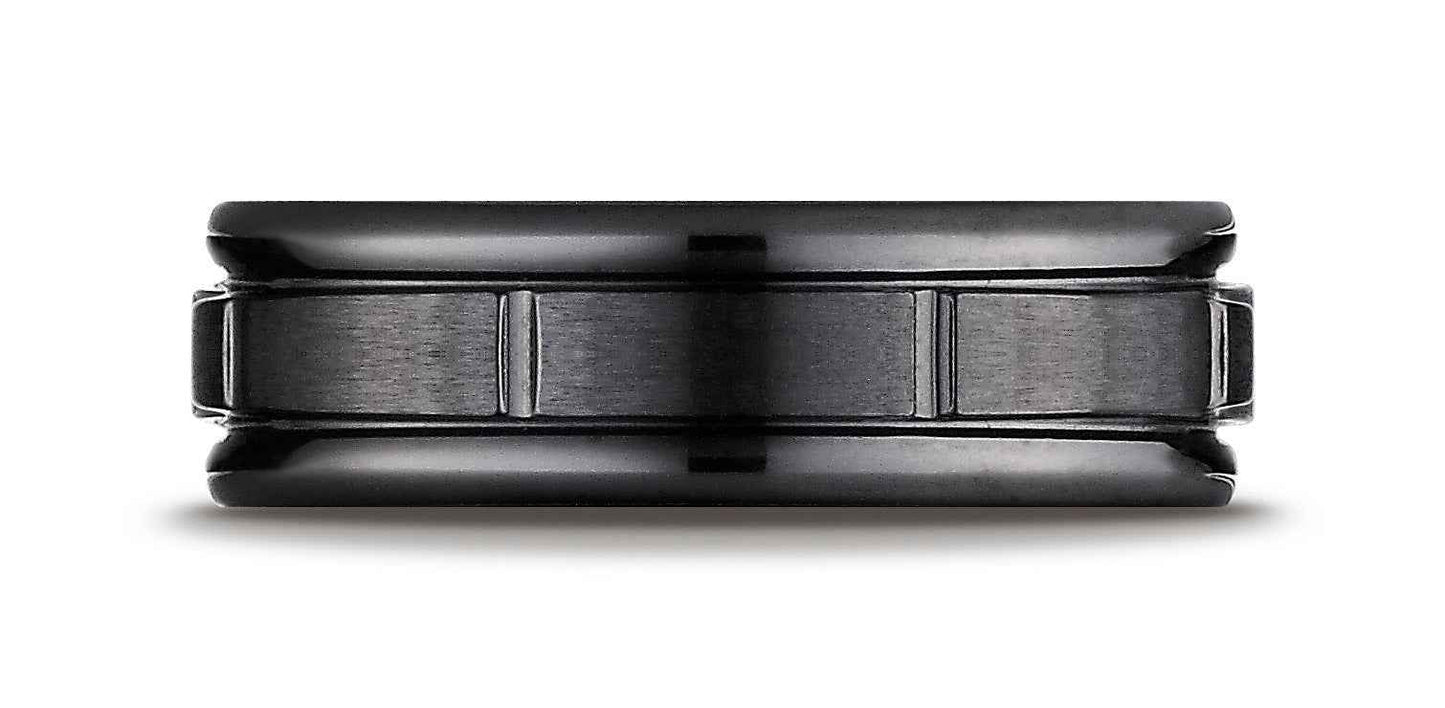 BENCHMARK Mens 7MM Wedding Band in Black Titanium with Vertical Groove Accents
