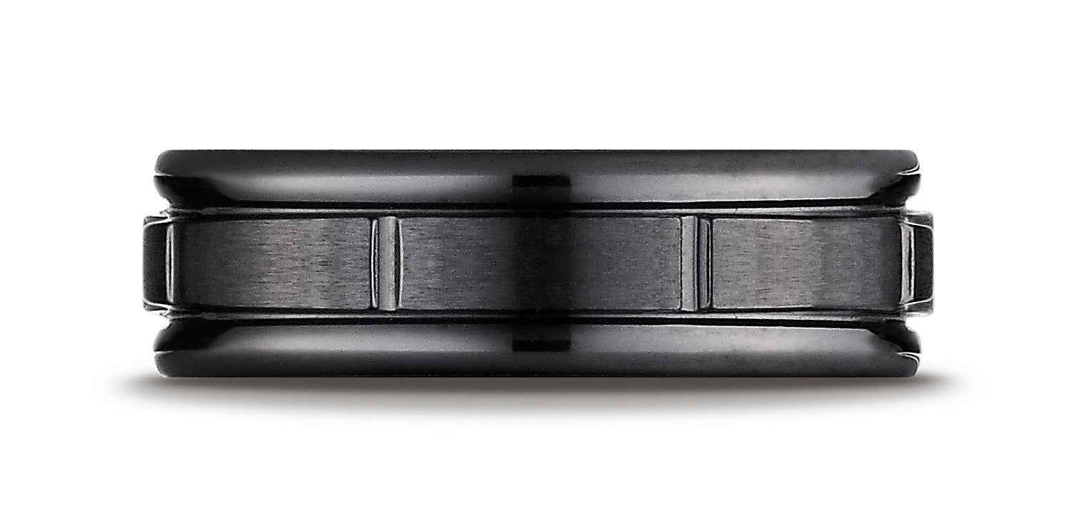 BENCHMARK Mens 7MM Wedding Band in Black Titanium with Vertical Groove Accents