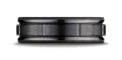 BENCHMARK Mens 7MM Wedding Band in Black Titanium with Vertical Groove Accents