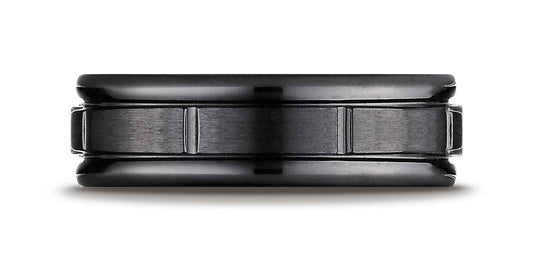 BENCHMARK Mens 7MM Wedding Band in Black Titanium with Vertical Groove Accents