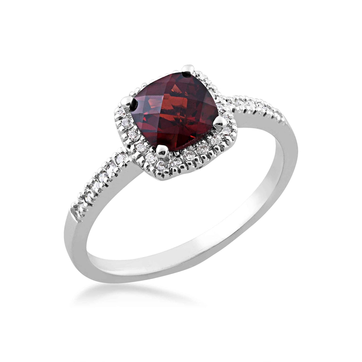 Garnet and 1/8 ct. tw. Diamond Cushion Halo Ring in 10K White Gold front view