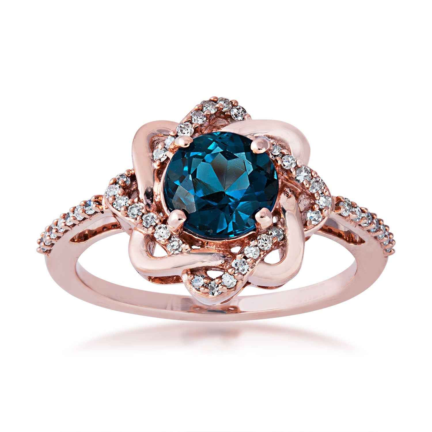 Impulse Collection 1/5 ct. tw. Diamond Twist Halo & Genuine London Blue Topaz Ring in 10K Pink Gold