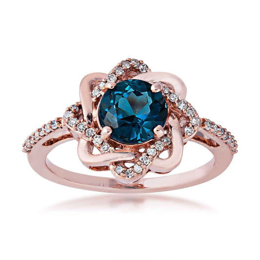 Impulse Collection 1/5 ct. tw. Diamond Twist Halo & Genuine London Blue Topaz Ring in 10K Pink Gold