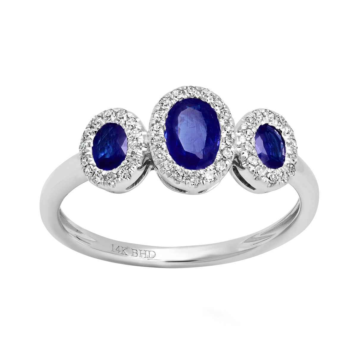 Oval Sapphire and 1/6 ct. tw. Diamond Halo 3-Stone Ring in 14K White Gold