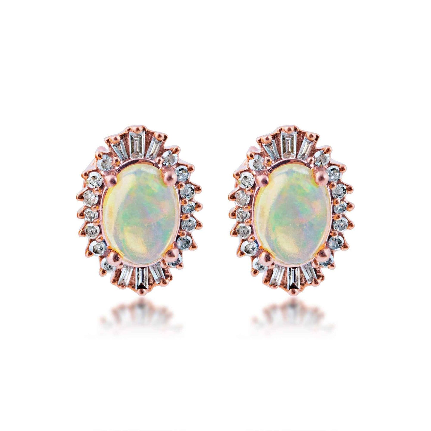 Impulse Collection Oval Opal & 1/4 ct. tw. Round & Tapered Baguette Diamond Halo Earrings in 10K Pink Gold