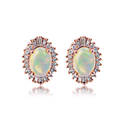 Impulse Collection Oval Opal & 1/4 ct. tw. Round & Tapered Baguette Diamond Halo Earrings in 10K Pink Gold
