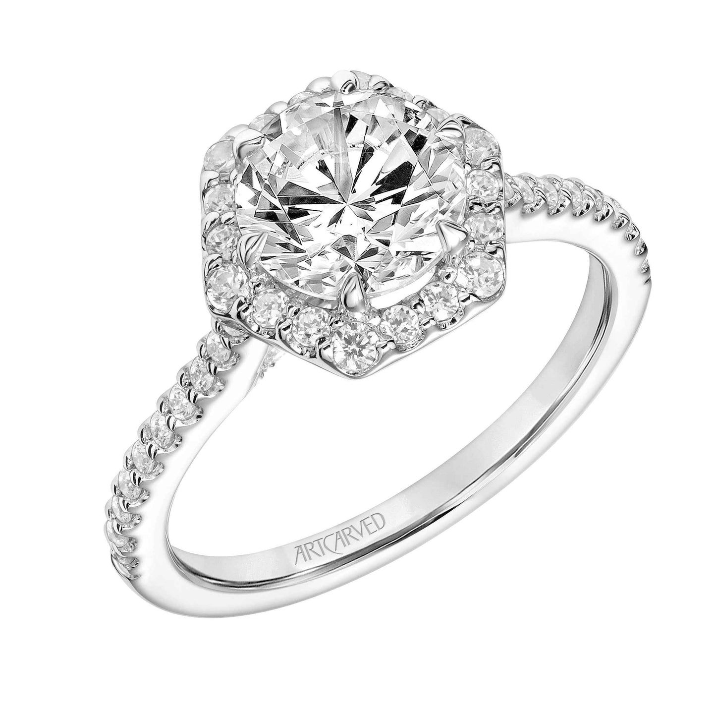ArtCarved Contemporary 3/4 ct. tw. Diamond Hexagon Halo Semi-Mount Engagement Ring in 14K White Gold front view