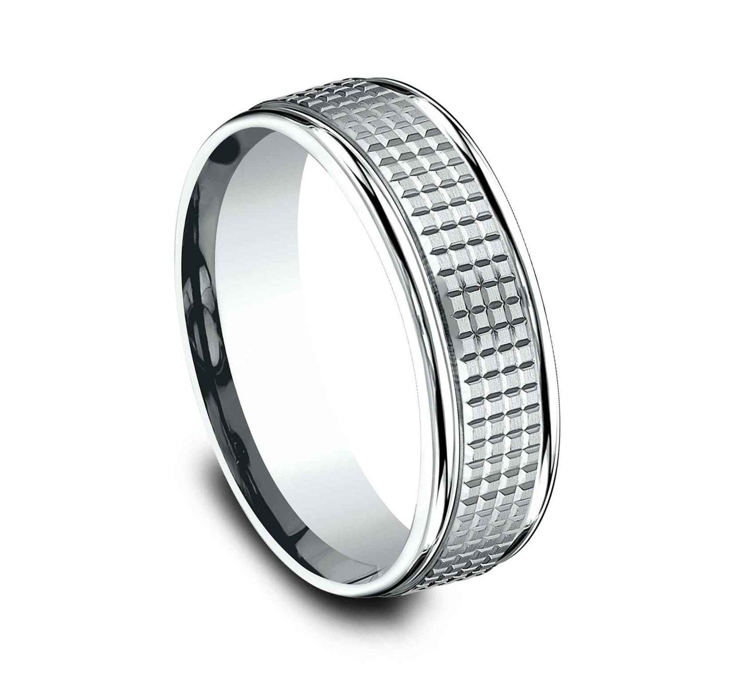 Benchmark Men's 7.0mm Crosshatch Designed Wedding Band in 10K White Gold front view