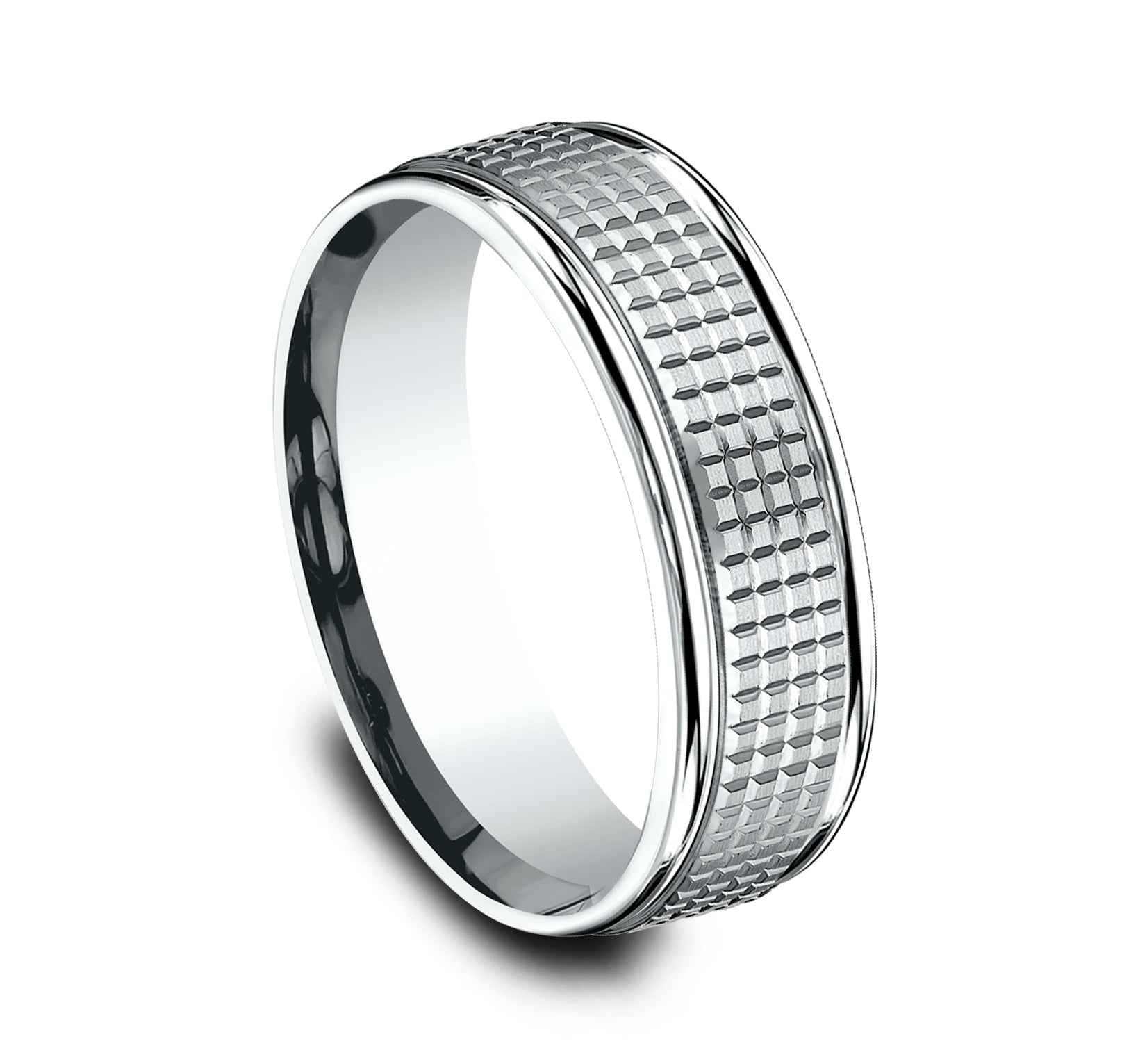 Benchmark Men's 7.0mm Crosshatch Designed Wedding Band in 10K White Gold front view