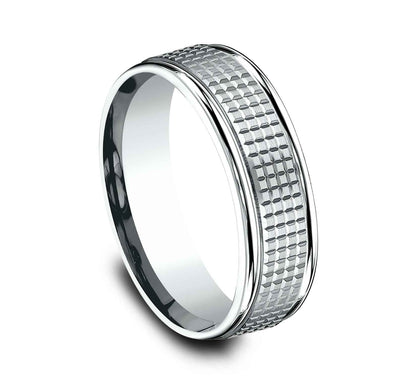 Benchmark Men's 7.0mm Crosshatch Designed Wedding Band in 10K White Gold front view