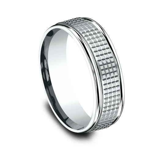 Benchmark Men's 7.0mm Crosshatch Designed Wedding Band in 10K White Gold front view