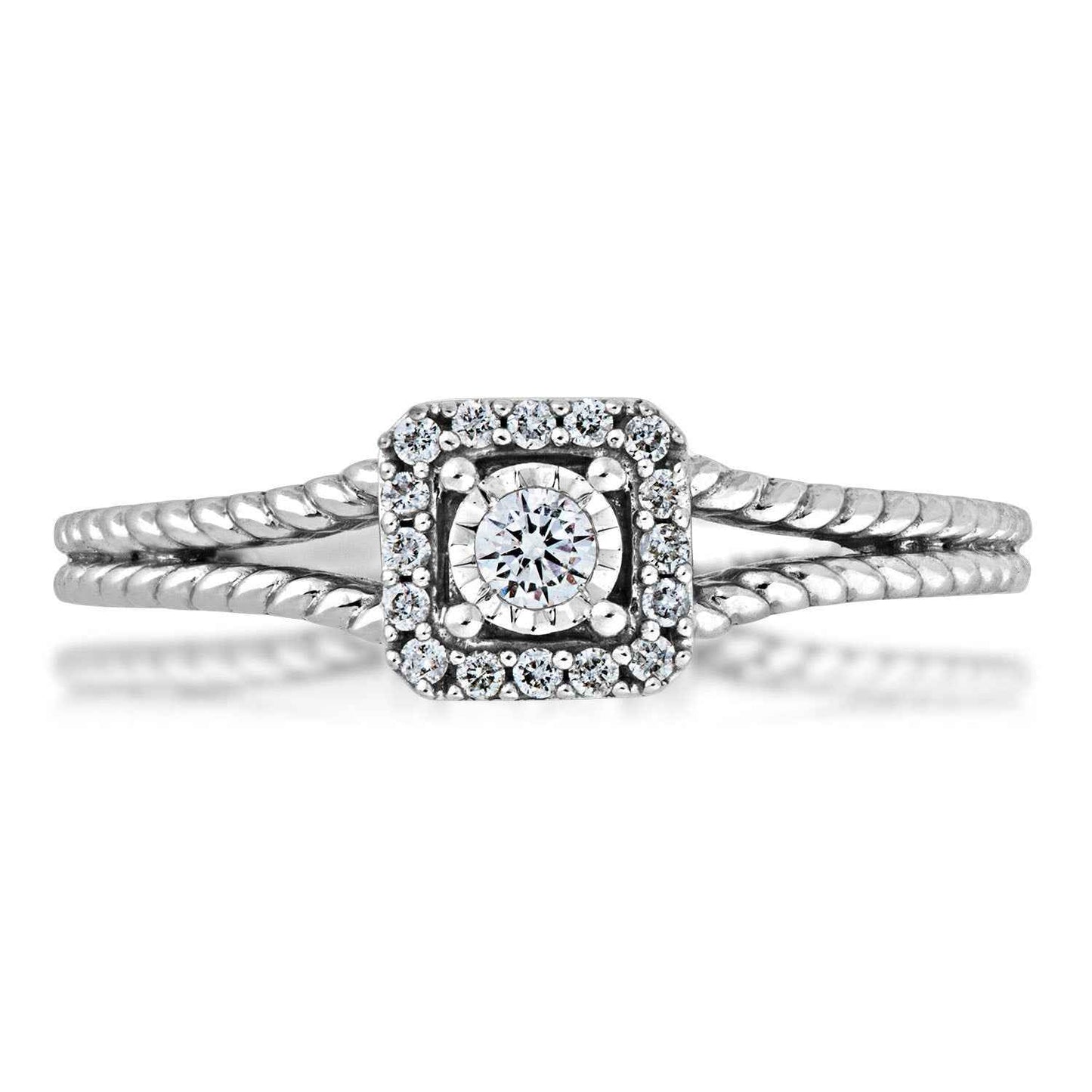 I Promise 1/8 ct. tw. Round Diamond Halo Promise Ring with Miracle Plating & Rope Detailed Band in 10K White Gold front view