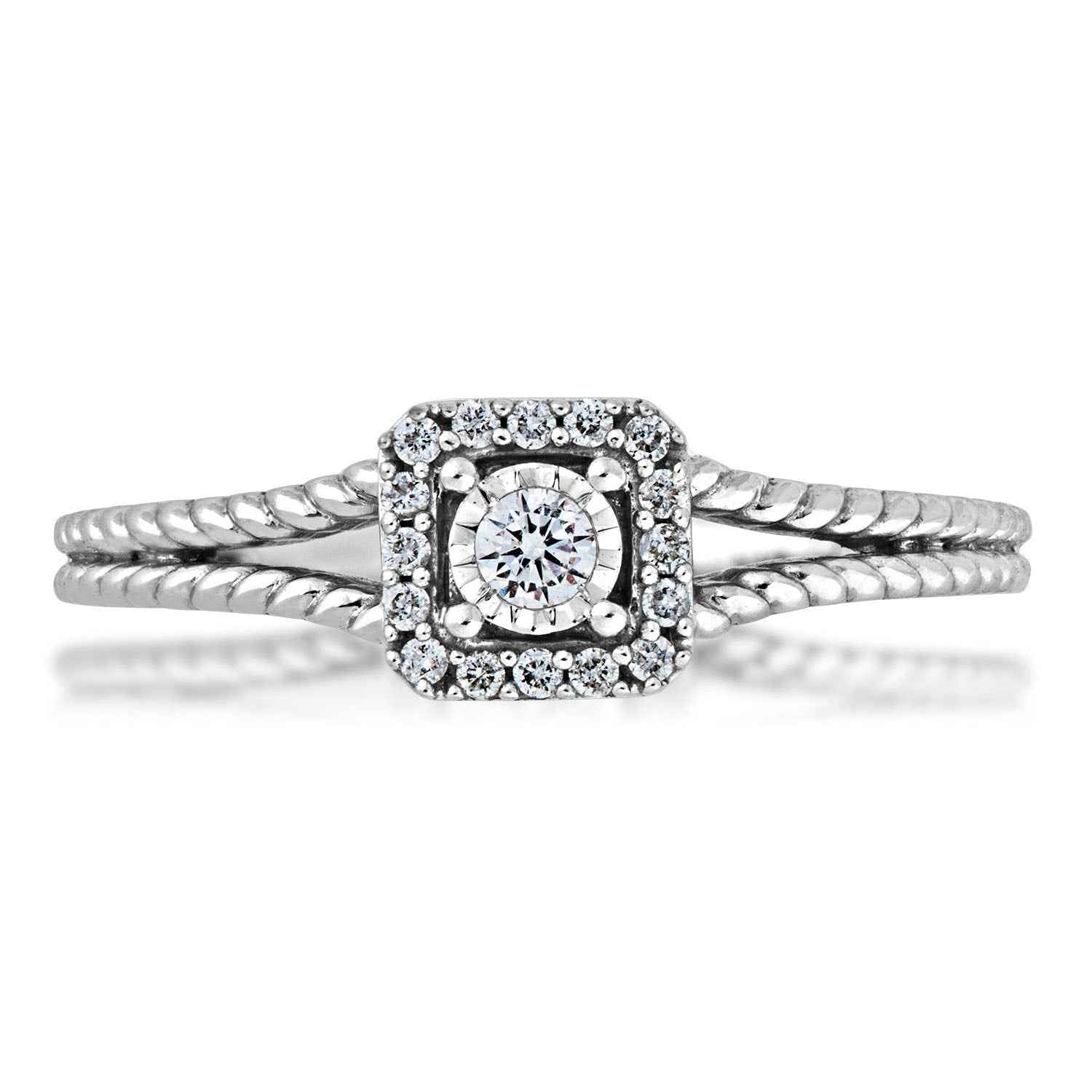 I Promise 1/8 ct. tw. Round Diamond Halo Promise Ring with Miracle Plating & Rope Detailed Band in 10K White Gold front view