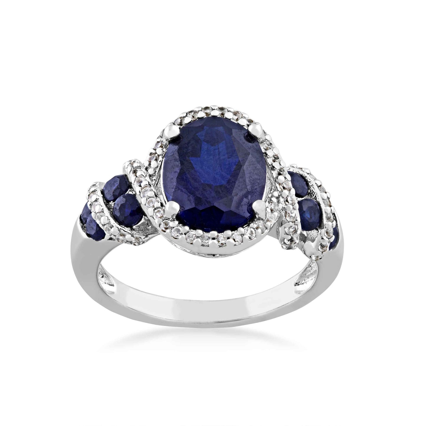 Created Blue Sapphire and Created White Sapphire Oval Fashion Ring with Wraparound Design in Sterling Silver