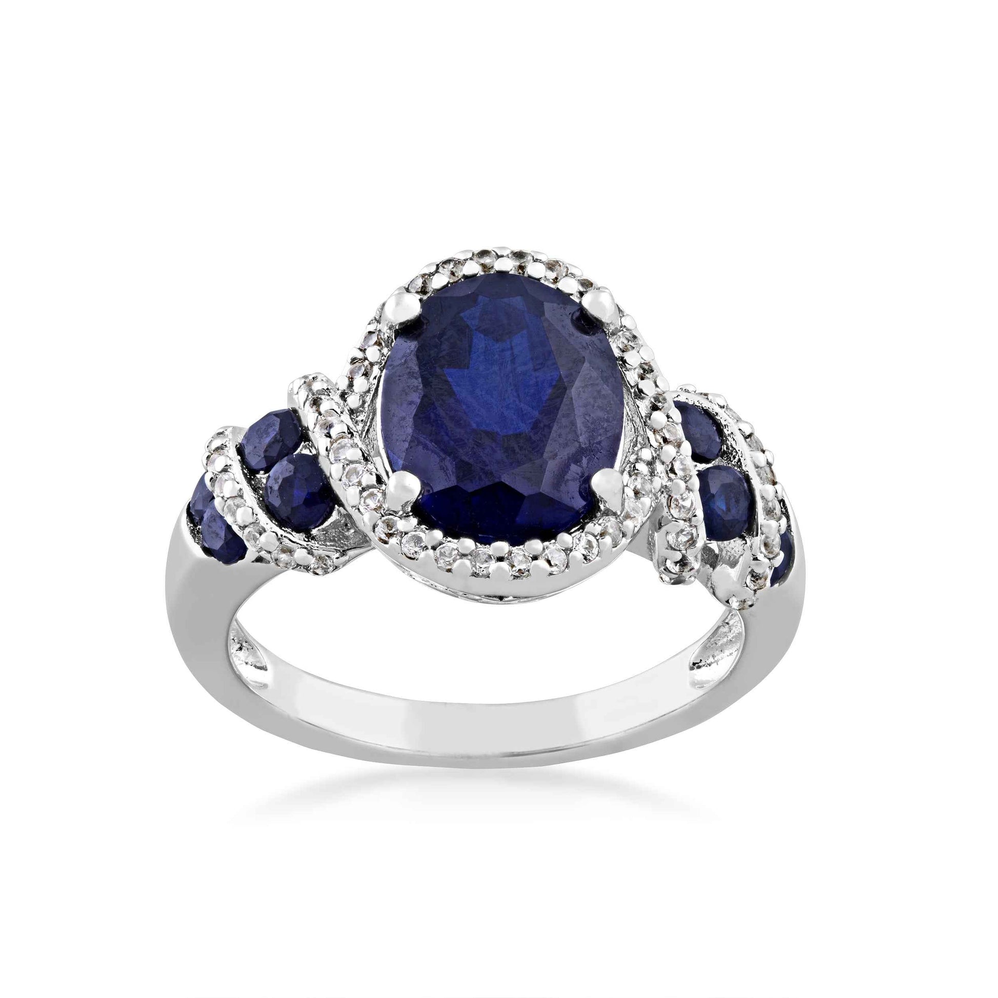 Created Blue Sapphire and Created White Sapphire Oval Fashion Ring with Wraparound Design in Sterling Silver