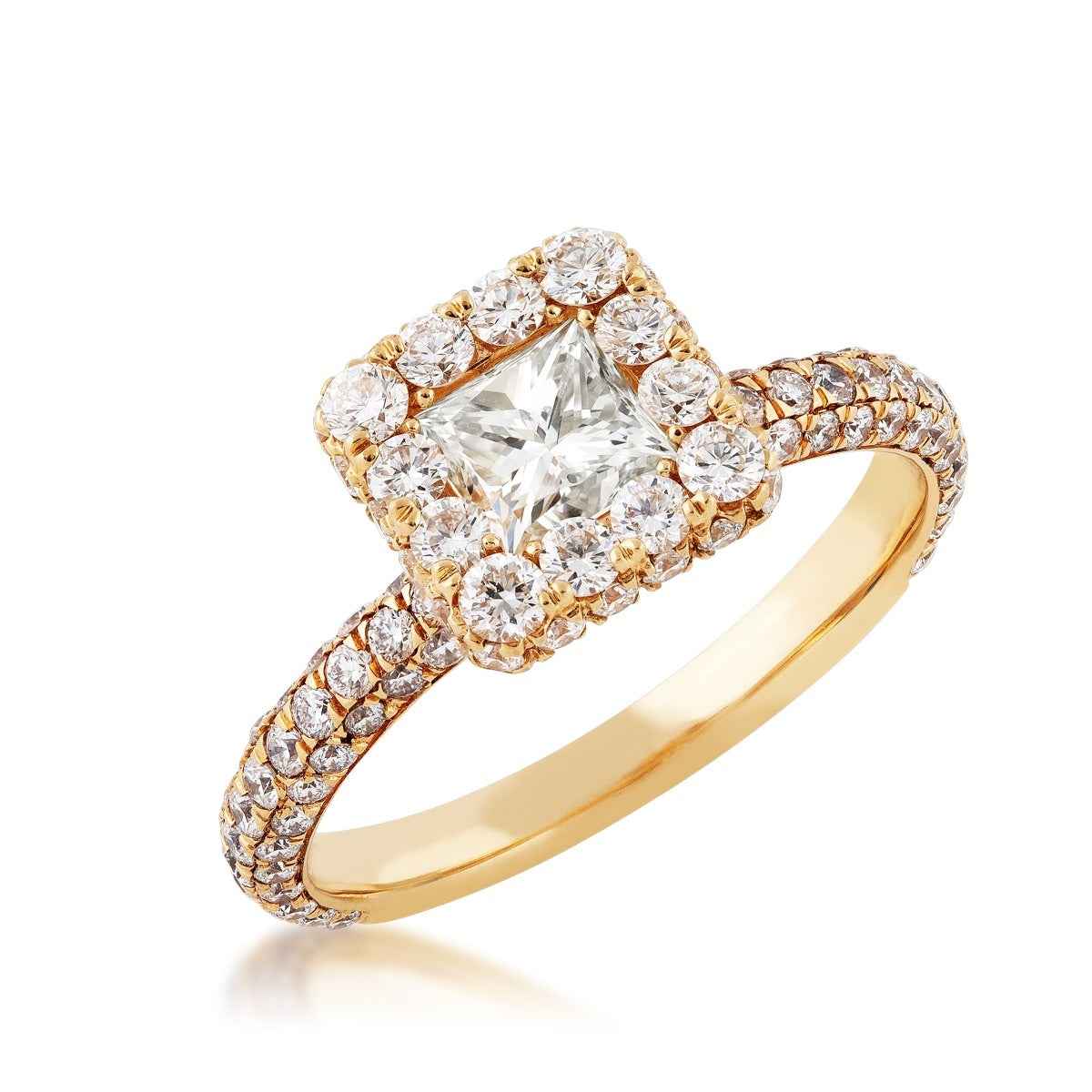 2 ct. tw. Princess Cut Diamond Halo Engagement Ring with Pave Band and Undercarriage in 14K Yellow Gold front view