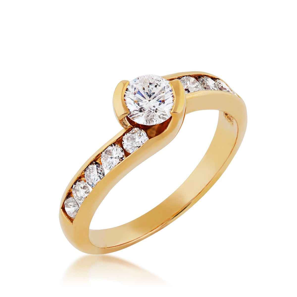 1 ct. tw. Round Brilliant Semi Bezel Engagement Ring with Diamond Band in 18K Yellow Gold front view