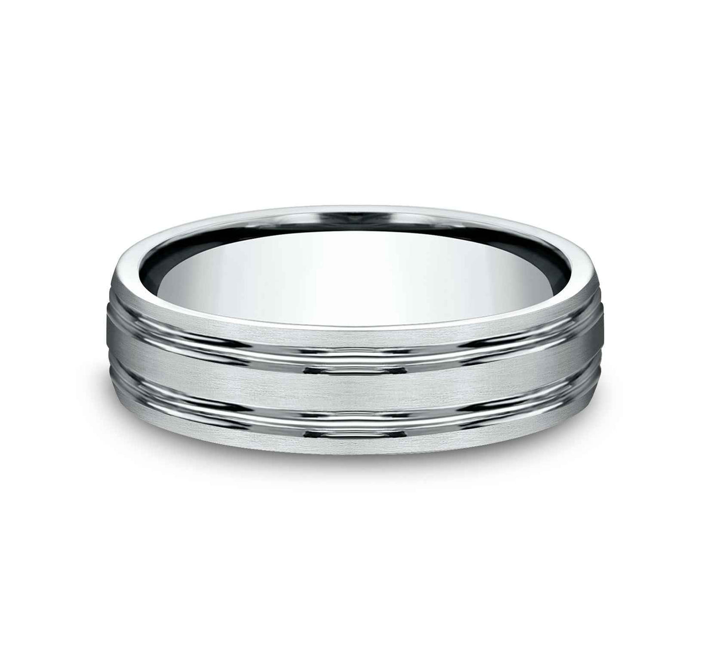 Benchmark Men's 4mm Comfort-Fit Wedding Band with Two High-Polished Parallel Grooves and Satin Center in 14K White Gold
