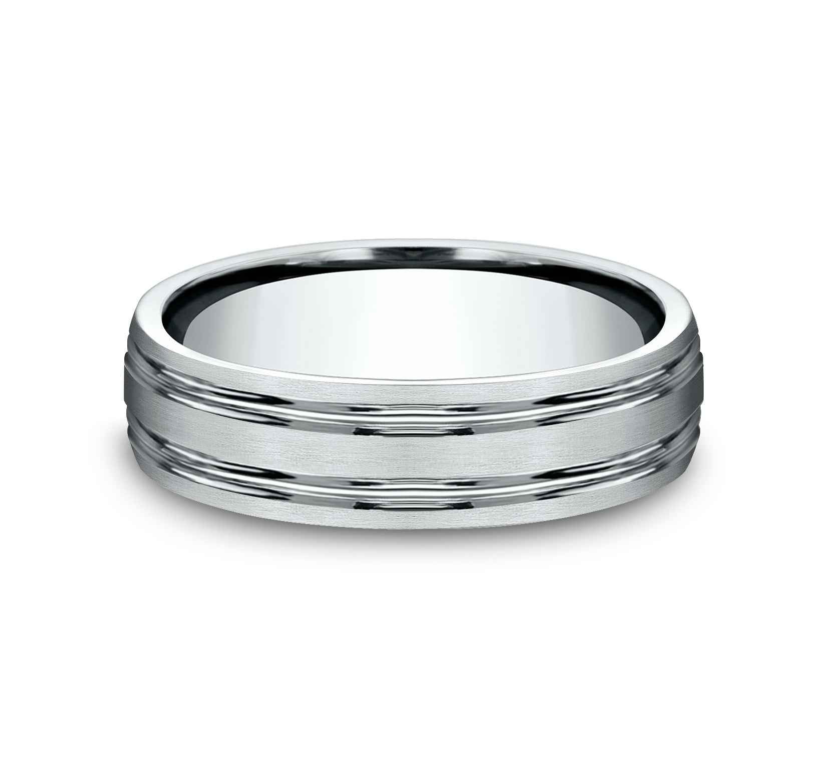 Benchmark Men's 4mm Comfort-Fit Wedding Band with Two High-Polished Parallel Grooves and Satin Center in 14K White Gold